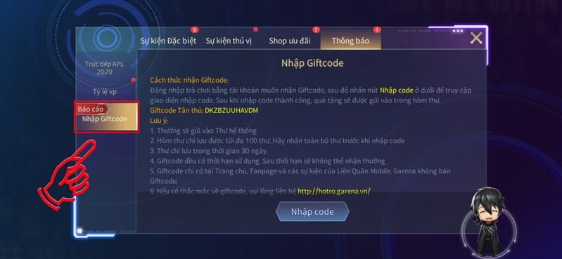 Bam chon Nhap Giftcode