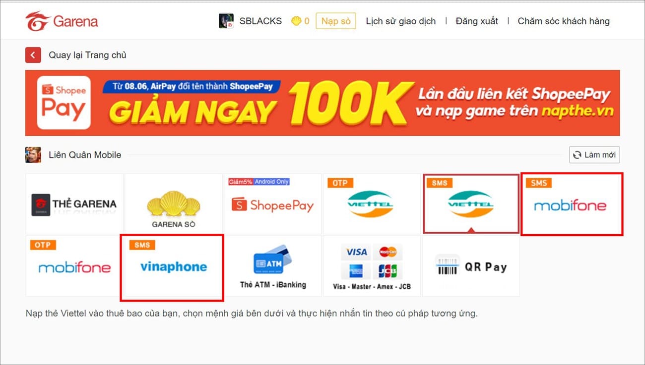 Chọn hình thức thanh toán qua SMS nhà mạng Viettel, Mobifone hoặc Vinaphone mà bạn đang sử dụng Chọn hình thức thanh toán qua SMS
