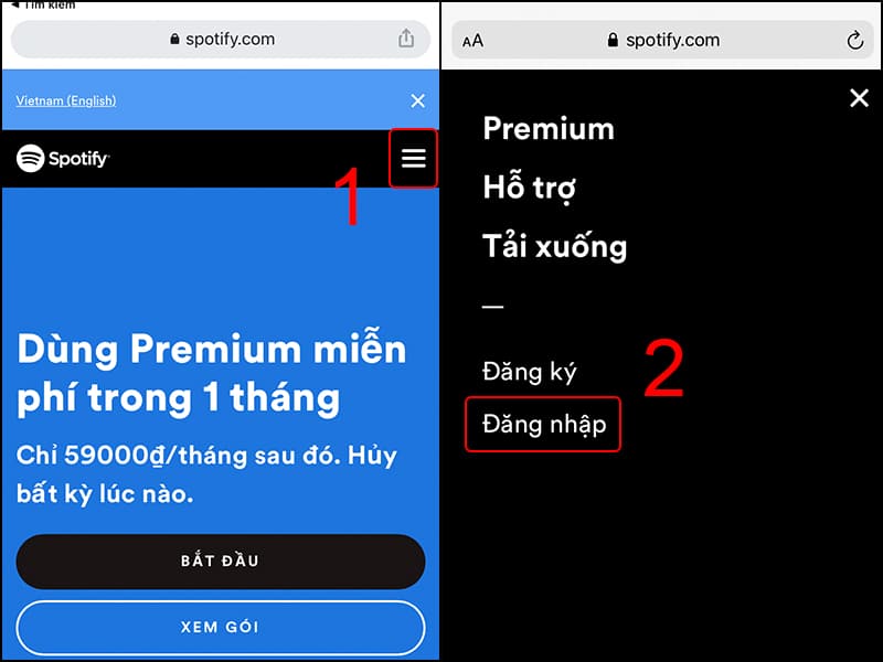 Chọn biểu tượng 3 gạch ngang, sau đó chọn Đăng nhập