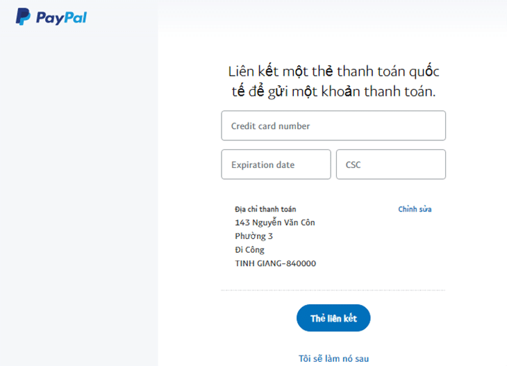 Điền thông tin liên kết với thẻ Visa Điền thông tin thẻ VISA