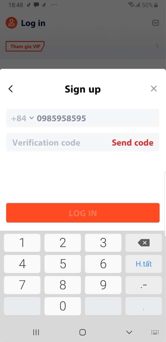 Nhấn vào Send Code để nhận mã code gửi về máy