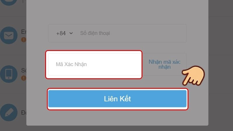 Nhập mã xác nhận chọn liên kết