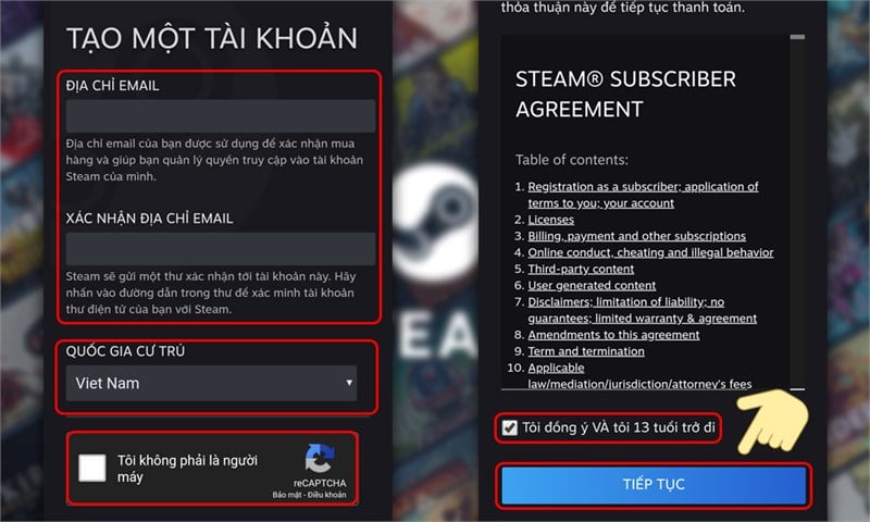 Nhập và xác nhận địa chỉ email