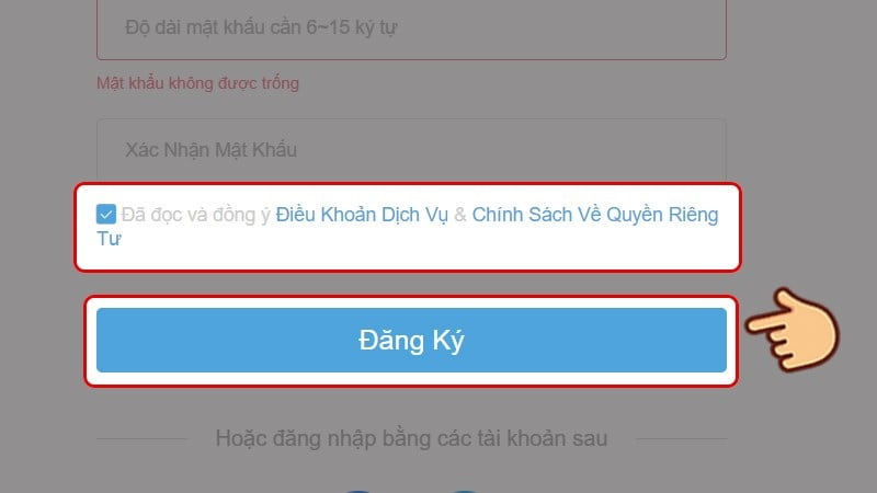 Tích chọn ô đã đọc và bấm đồng ý