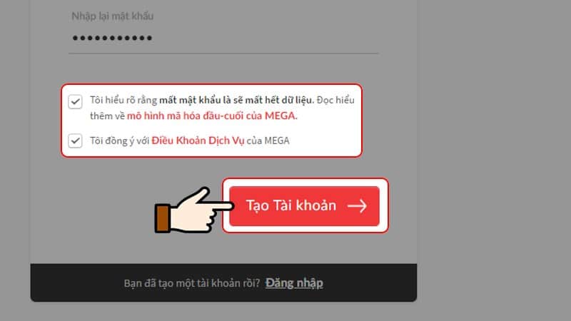 Tích chọn đồng ý với các điều khoản > Nhấn chọn Tạo tài khoản Tích đồng ý với các điều khoản