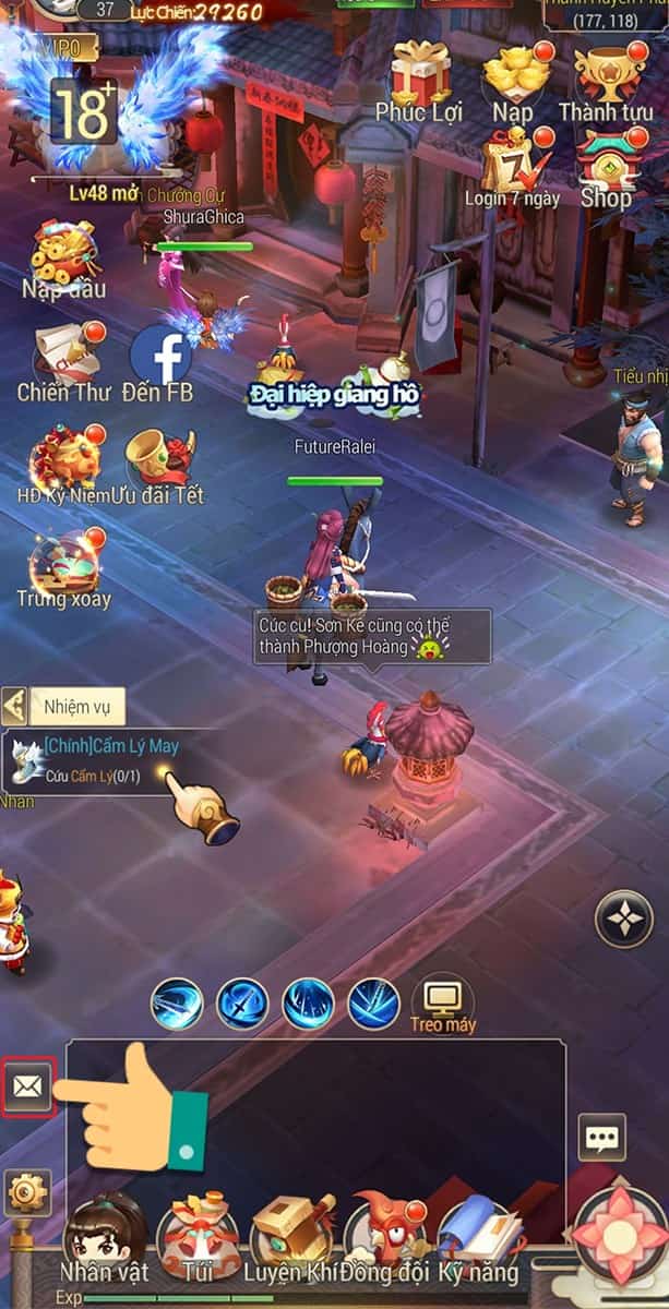 Vào hộp thư Các bạn quay lại màn hình chính và nhấn vào Thư để xem phần thưởng Code Yong Heroes