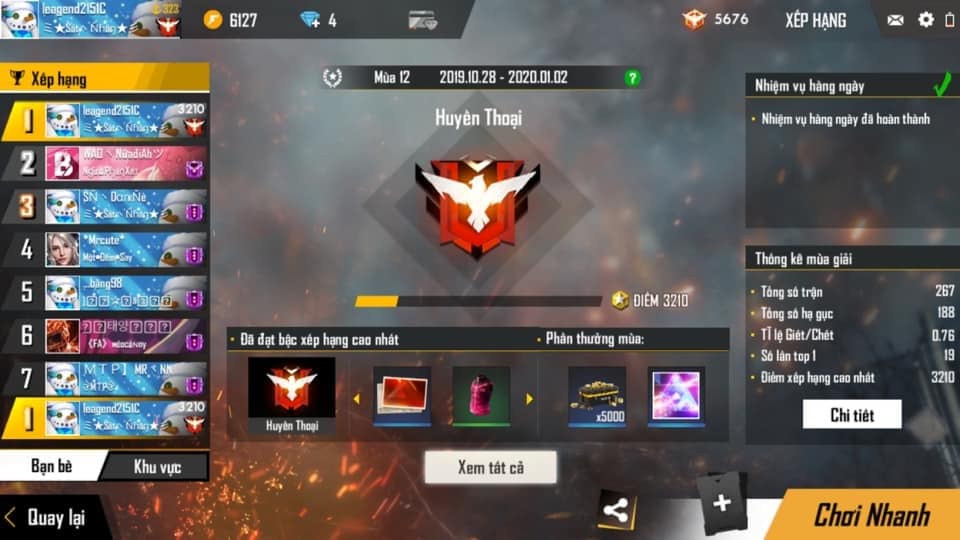Ảnh ACC Free Fire rank Huyền Thoại VIP cực chất