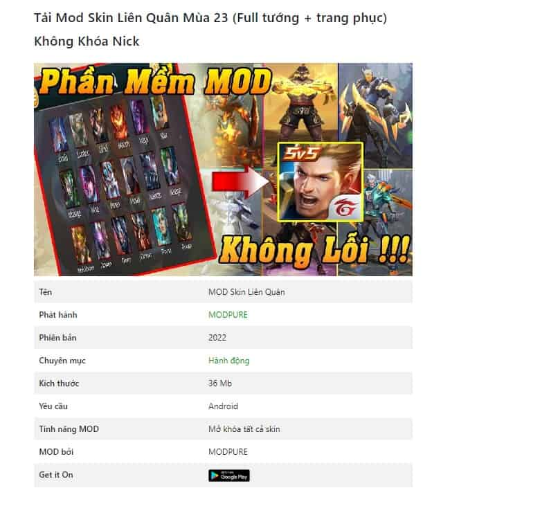 MOD Skin Liên QuânFull Tướng Full Trang Phục