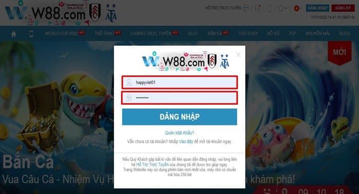 Đăng nhập vào tài khoản W88.