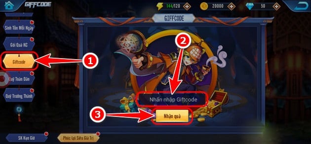 Điền mã giftcode của bạn vào ô trống và nhấn nút Nhận quà.