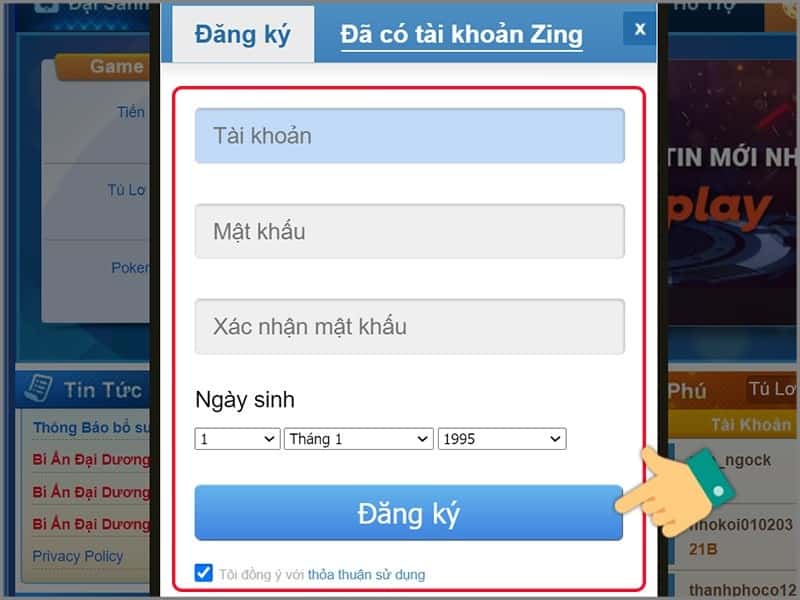 Nhập thông tin cá nhân sau đó nhấn đăng ký