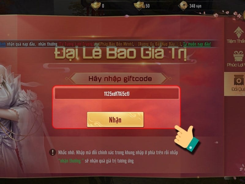Nhận quà Tiến hành nhập mã code rồi nhấn Nhận.
