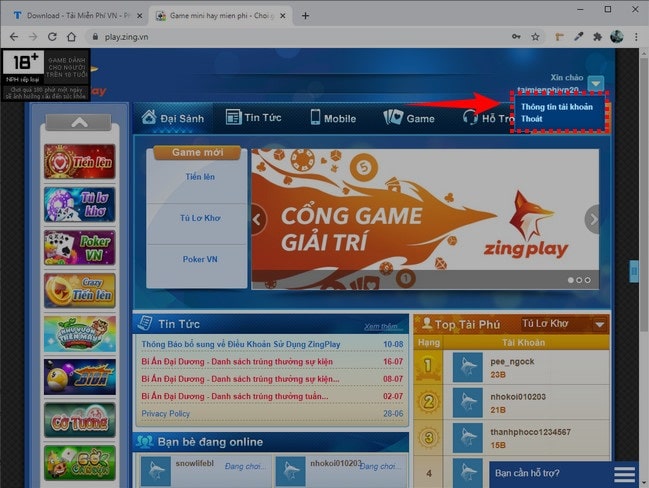 click vào mục Thông tin tài khoản