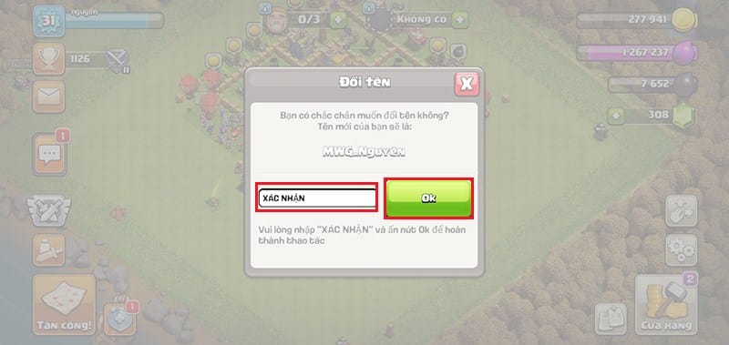 Nhấn chọn OK để hoàn tất quá trình đổi tên Clash of Clans