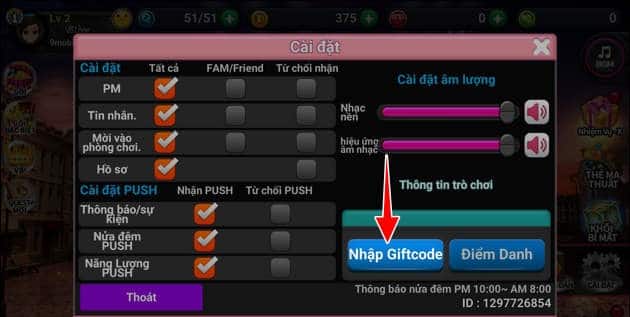 Nhấn nhập giftcode