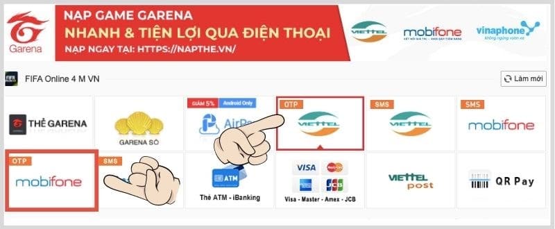 Bạn chọn hình thức nạp qua OTP
