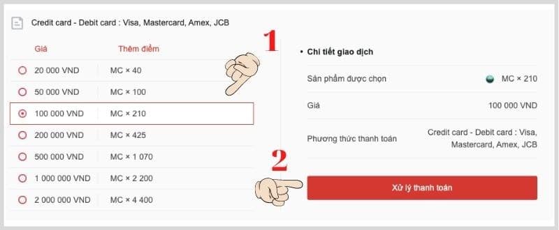 Chọn mệnh giá cần nạp và bấm chọn Xử lý thanh toán.