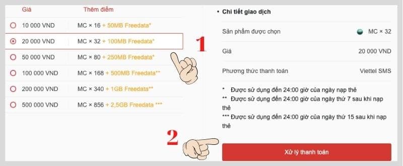 Chọn mệnh giá và bấm chọn Xử lý thanh toán.