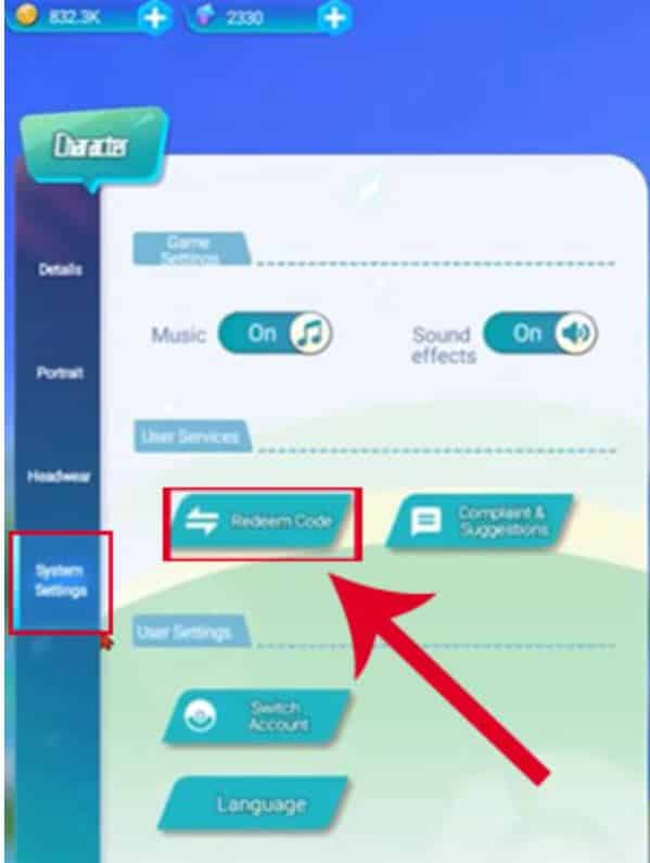 Nhấn vào tab System Settings và chọn Redeem Code.