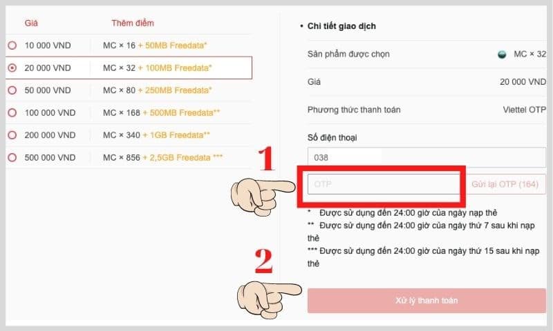 Nhập OTP và chọn xử lý thanh toán.