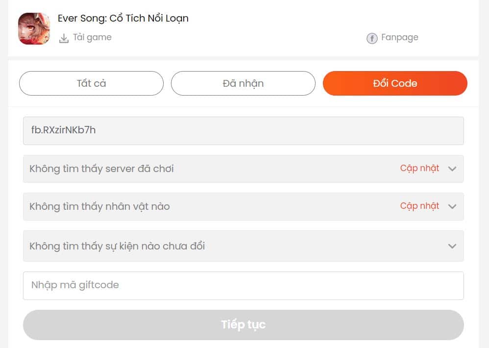 Trang nhập mã code game Ever Song.