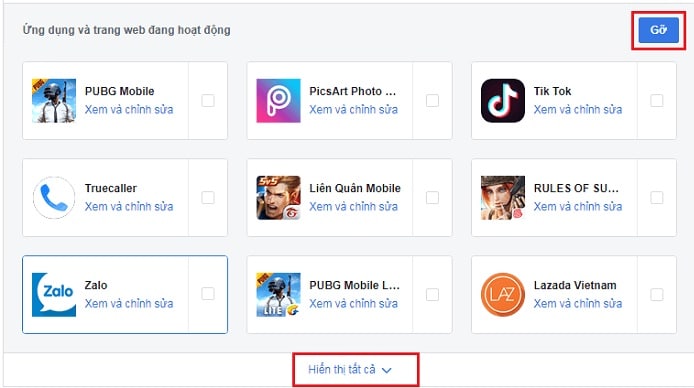 Click vào mục game cần gỡ