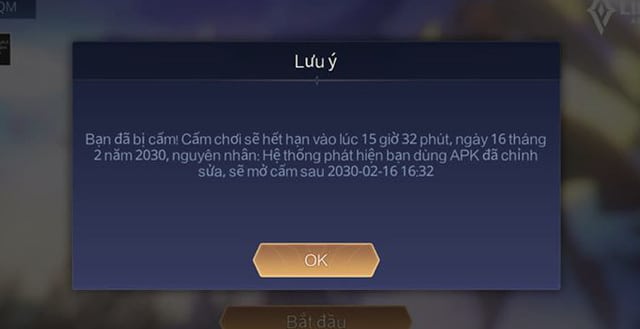 Hình ảnh nick Liên Quân bị khoá do dùng APK chỉnh sửa