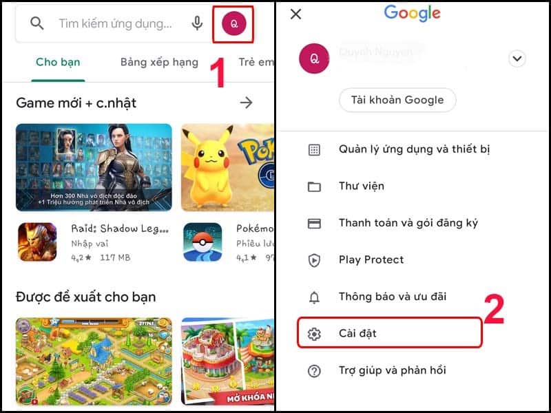 Chạm vào ô tài khoản và chọn cài đặt