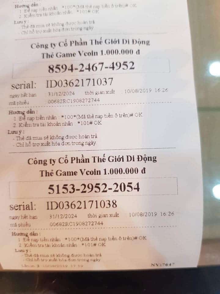 Gửi đến bạn hình card vcoin có số seri chưa dùng
