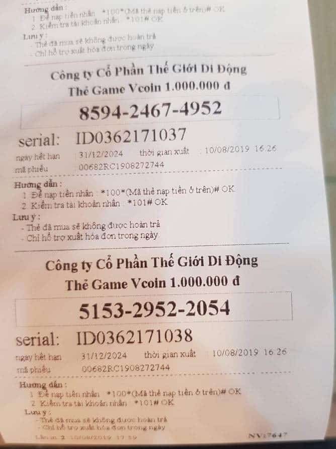 Hình ảnh thẻ vcoin giấy 1 triệu chưa ai sử dụng
