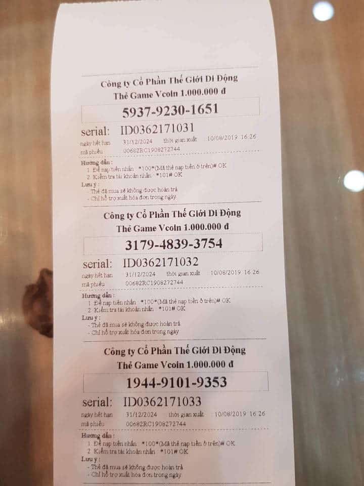 Hình thẻ vcoin có số seri chưa dùng