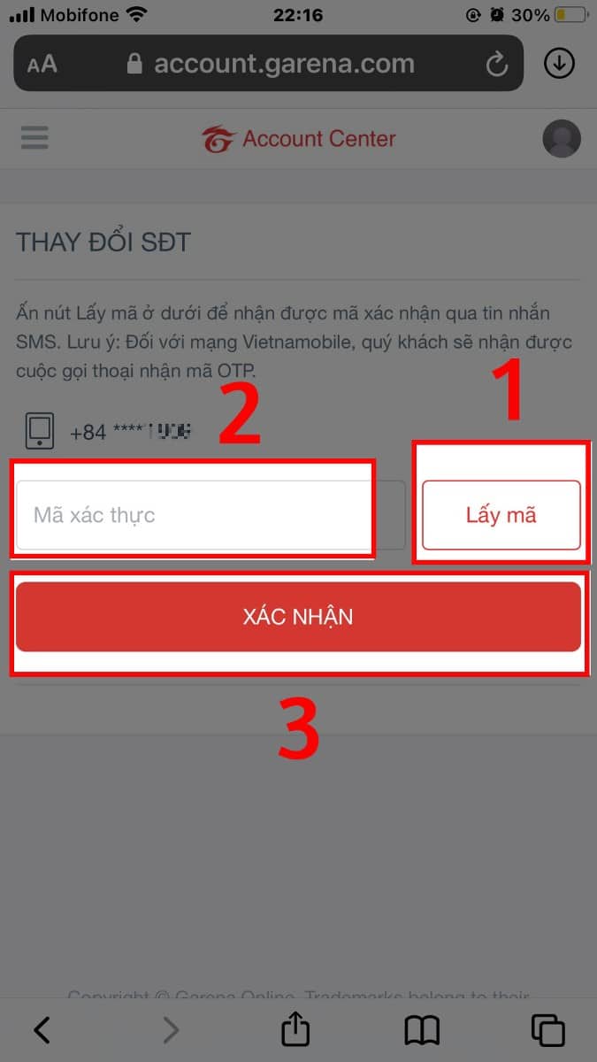 Nhấn nút Lấy mã rồi nhập mã xác thực và nhấn nút Xác nhận