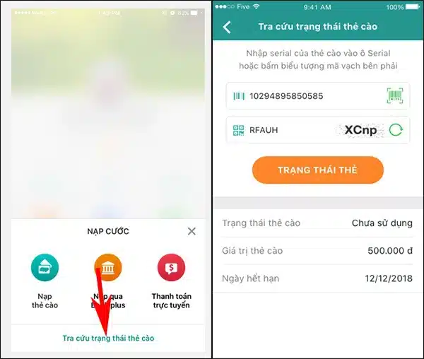 Tra cứu trạng thái thẻ nạp