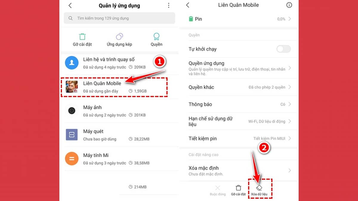 Vào cài đặt và chọn ứng dụng rồi nhấn xoá dữ liệu