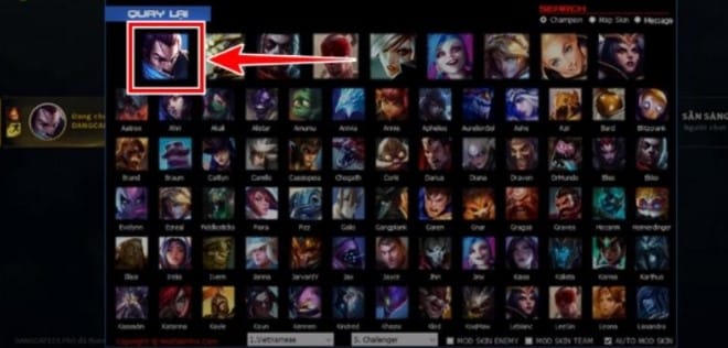 Chọn tướng trong phần mềm Mod Skin