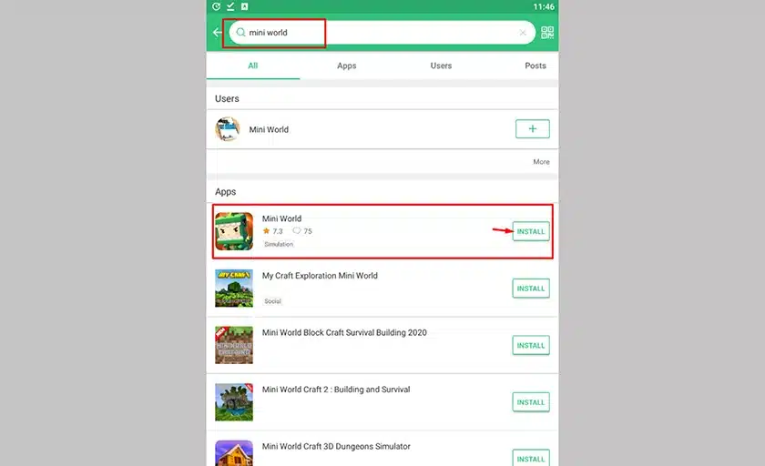 Nhập và ô tìm kiếm tựa game mini world