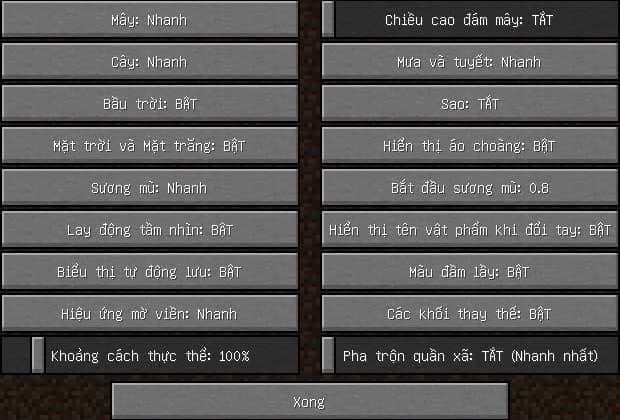 Cài đặt chi tiết Minecraft cho máy yếu