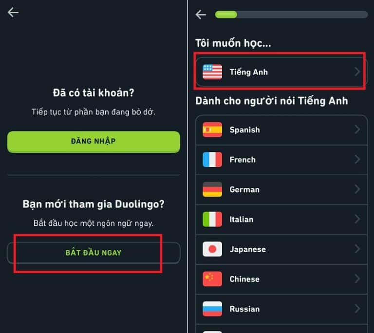 Chọn Bắt đầu ngay và chọn ngôn ngữ tiếng Anh