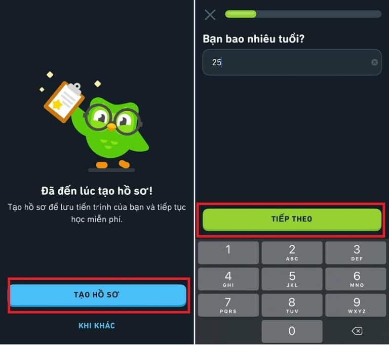 Chọn Tạo hồ sơ và nhập số tuổi