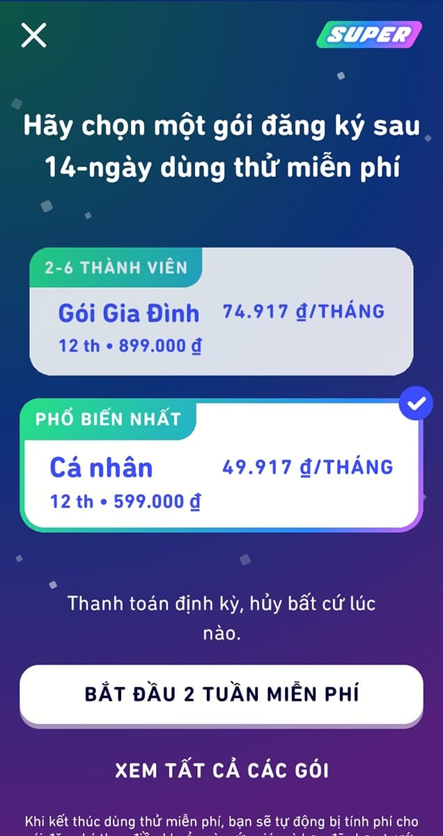 Nhấp chọn bắt đầu 2 tuần miễn phí