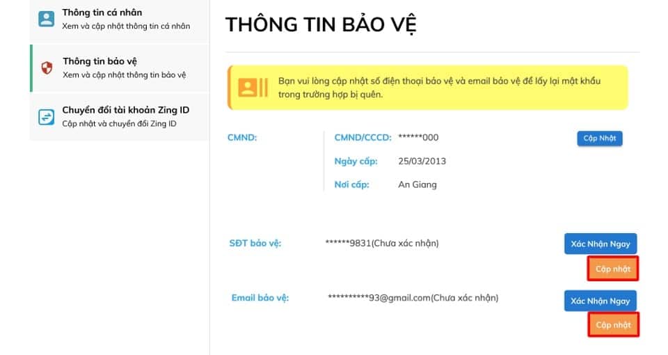 Cập nhật thông tin bảo vệ