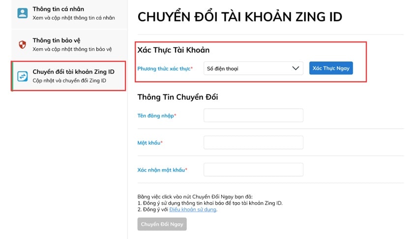Chọn mục xác thực tài khoản