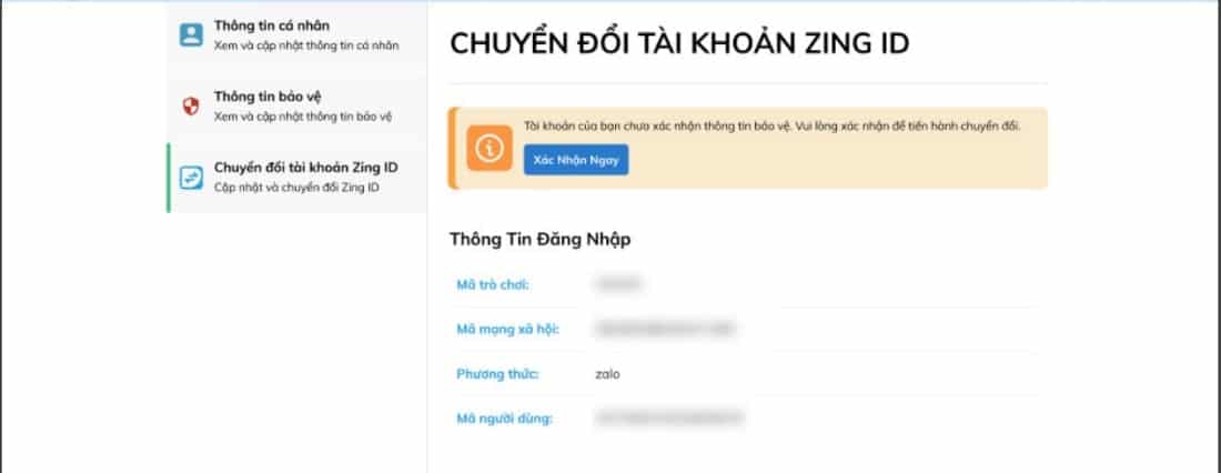 Chuyển đổi tài khoản zing