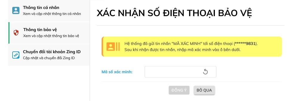 Nhập mã số xác minh