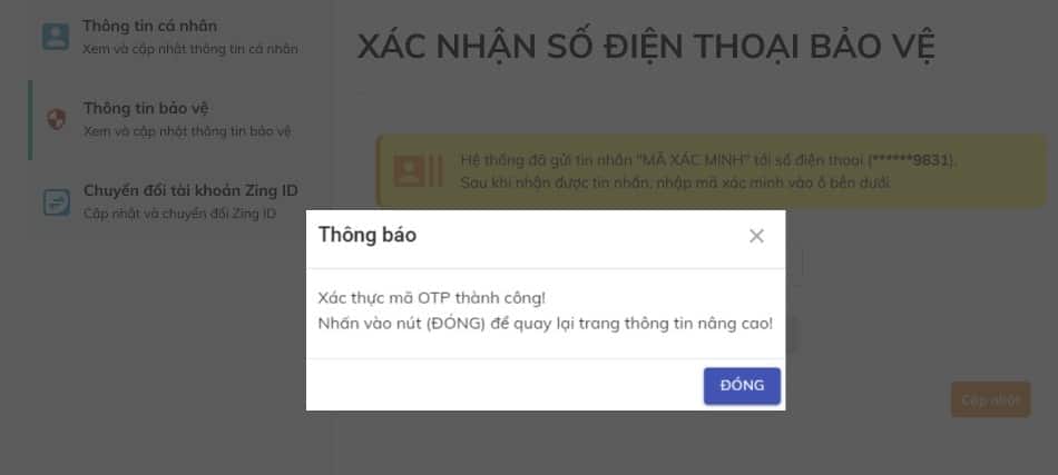 Thông báo mã xác thực otp