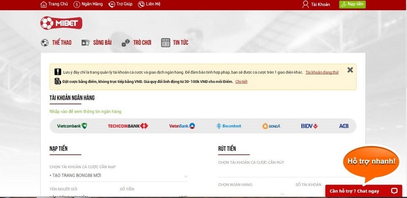 Thao tác nạp tiền nhanh chóng vào nhà cái Mibet