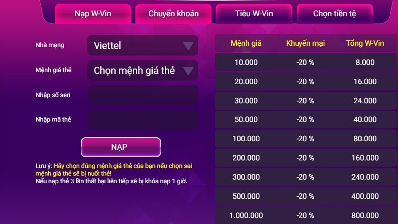 Bảng chiết khấu khi gửi tiền vào win88 bằng Card